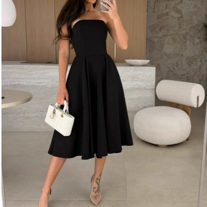 💃🔥Elegant Solid 😍Color Strapless Midi Dress