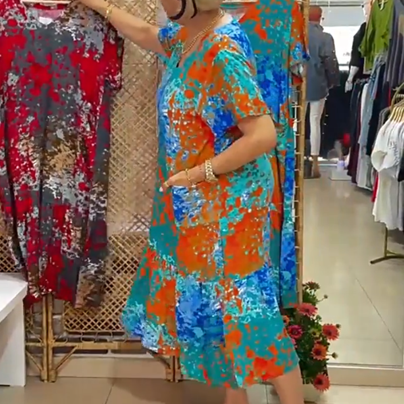 Women's Printed V-Neck Dress with Pleated Hem