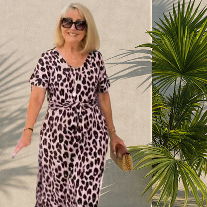 🌸2025 Hot Sale🌸Women's Leopard V-Neck Long Dress with Belt