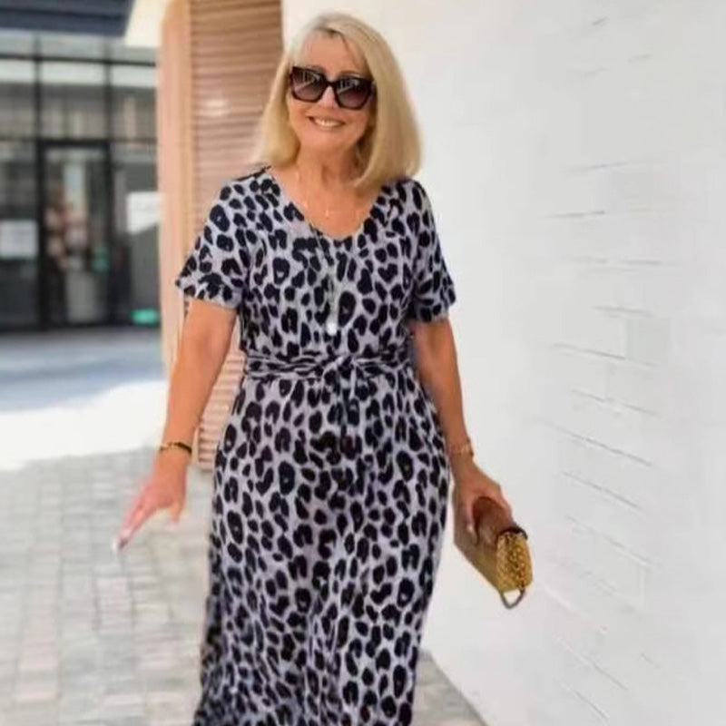 🌸2025 Hot Sale🌸Women's Leopard V-Neck Long Dress with Belt