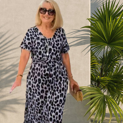 🌸2025 Hot Sale🌸Women's Leopard V-Neck Long Dress with Belt