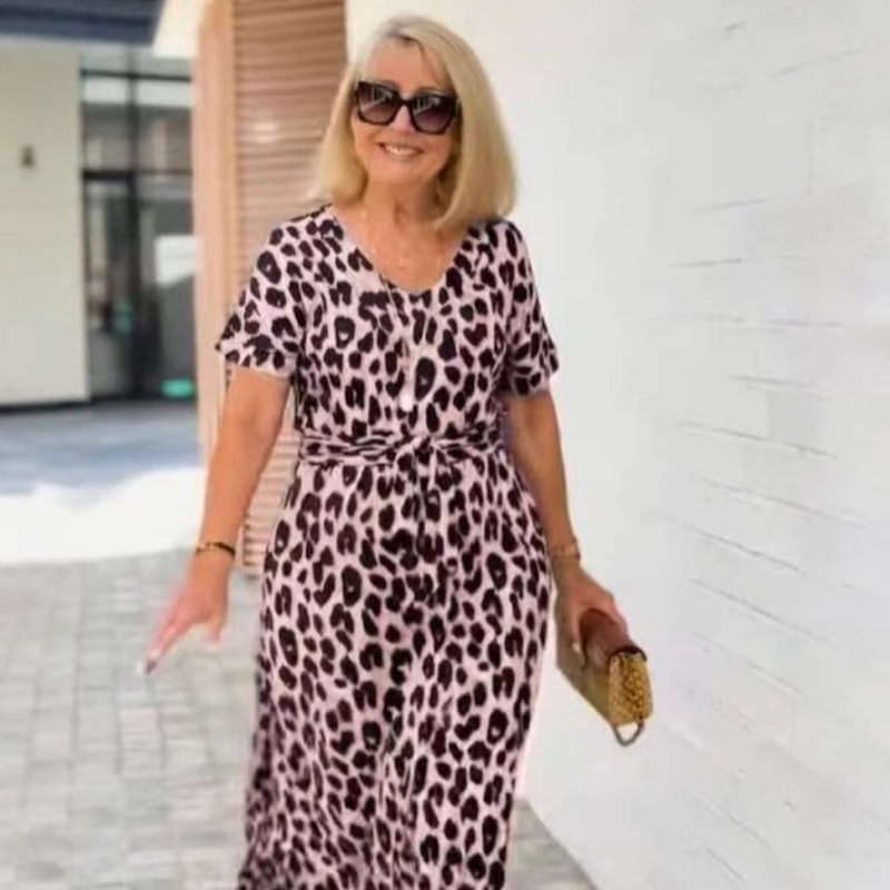 🌸2025 Hot Sale🌸Women's Leopard V-Neck Long Dress with Belt