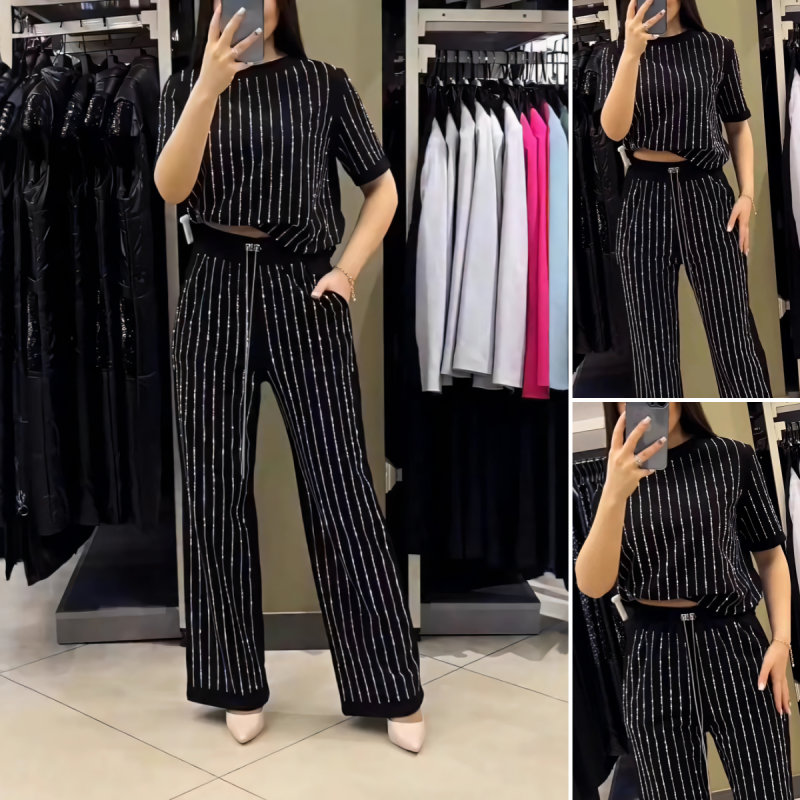 👠Women's Sparkling Rhinestone Striped Knit Two-Piece Set