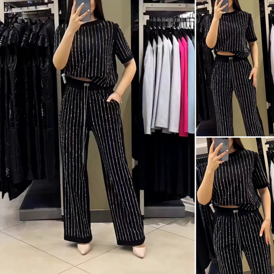 👠Women's Sparkling Rhinestone Striped Knit Two-Piece Set