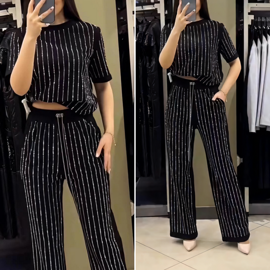 👠Women's Sparkling Rhinestone Striped Knit Two-Piece Set