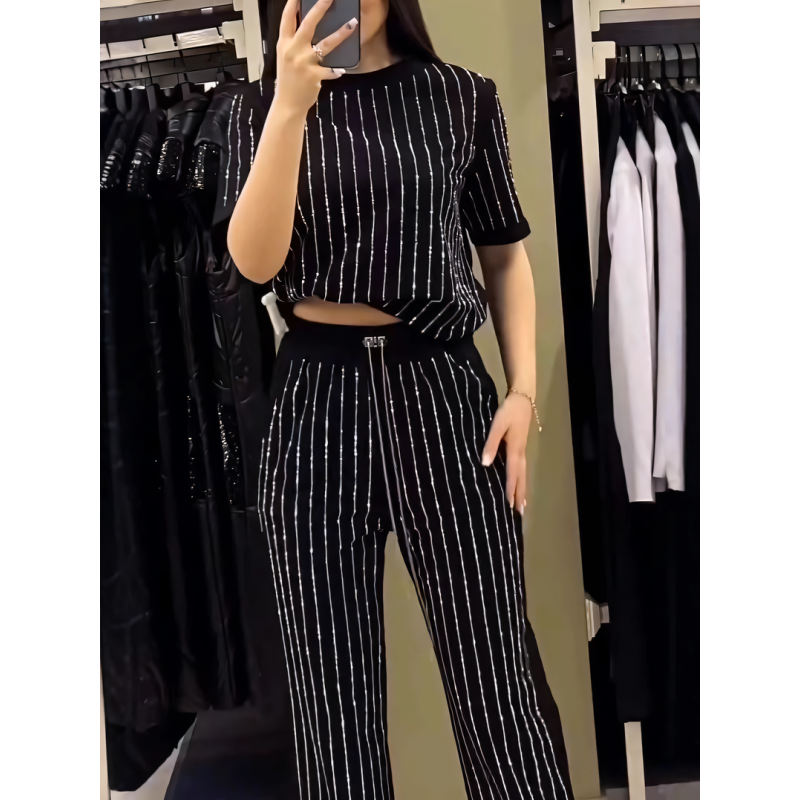 👠Women's Sparkling Rhinestone Striped Knit Two-Piece Set