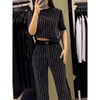 👠Women's Sparkling Rhinestone Striped Knit Two-Piece Set