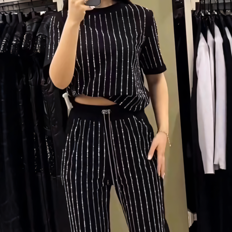 Limited Time Discount Fashion 💖Women's Sparkling Rhinestone Striped Knit Two-Piece Set