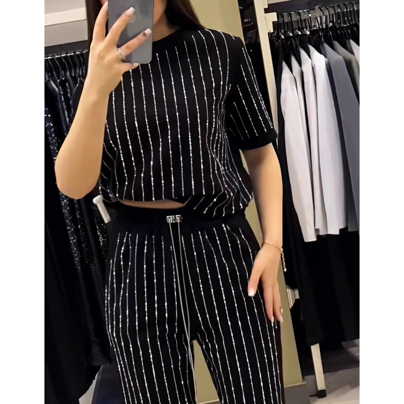 👠Women's Sparkling Rhinestone Striped Knit Two-Piece Set