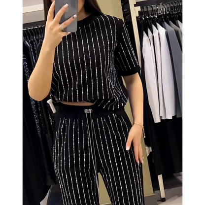 👠Women's Sparkling Rhinestone Striped Knit Two-Piece Set
