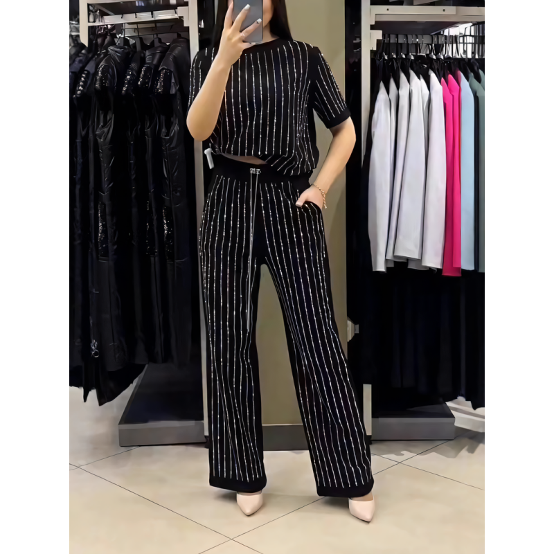 👠Women's Sparkling Rhinestone Striped Knit Two-Piece Set