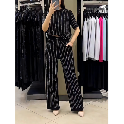 👠Women's Sparkling Rhinestone Striped Knit Two-Piece Set