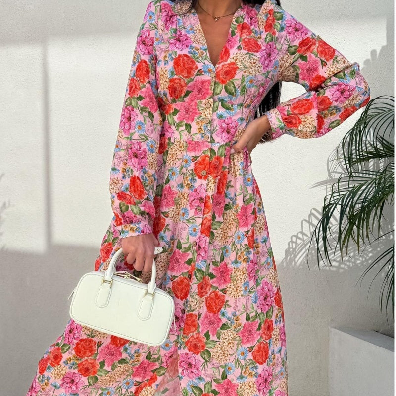 Fashion V-Neck Button Long Sleeve Floral Waist Dresses