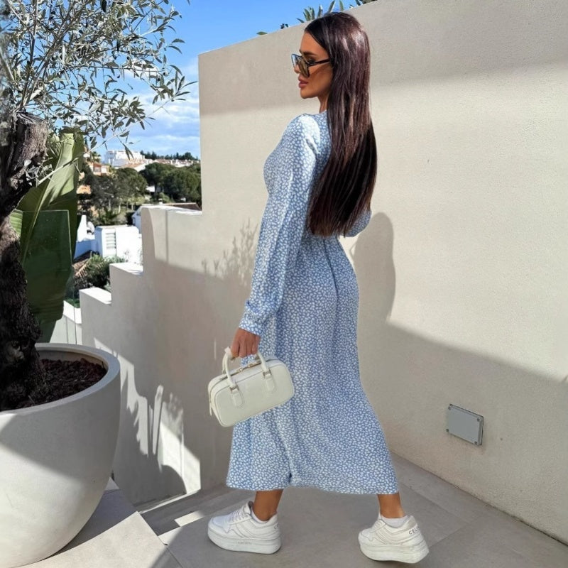 Fashion V-Neck Button Long Sleeve Floral Waist Dresses