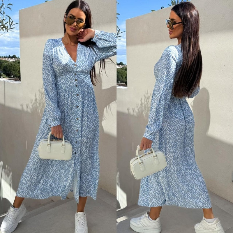 Fashion V-Neck Button Long Sleeve Floral Waist Dresses
