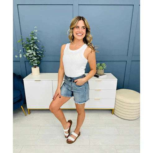 High Rise Frayed Hem Cut Off Jean Shorts