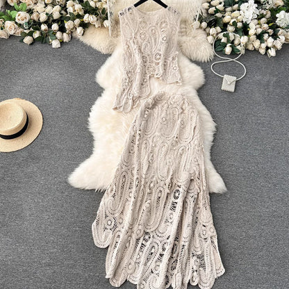 💕Limited Time 50% Off💕Women's Lace Hollow Out 2-Piece Set Sleeveless Top & Irregular Skirt