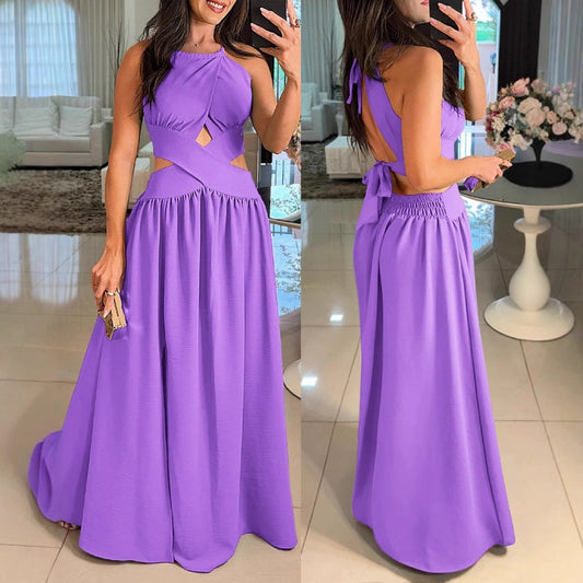 Women's Sexy Waisted Cross Strap Backless Halter Long Dresses
