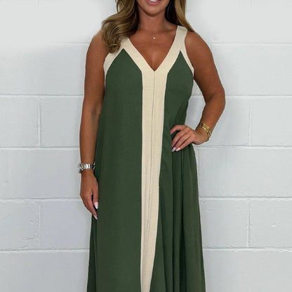 Women's V-Neck Sleeveless Color Block Maxi Dress
