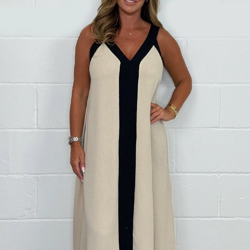 Women's V-Neck Sleeveless Color Block Maxi Dress
