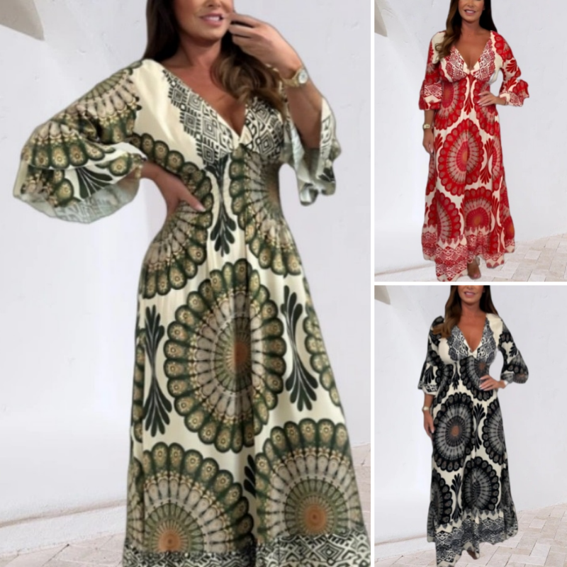 Women's Lucky Print Maxi Dress【Elastic waist. suitable for all occasions】