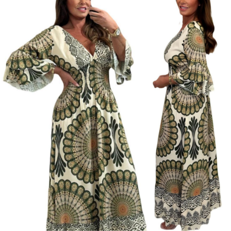 Women's Lucky Print Maxi Dress【Elastic waist. suitable for all occasions】
