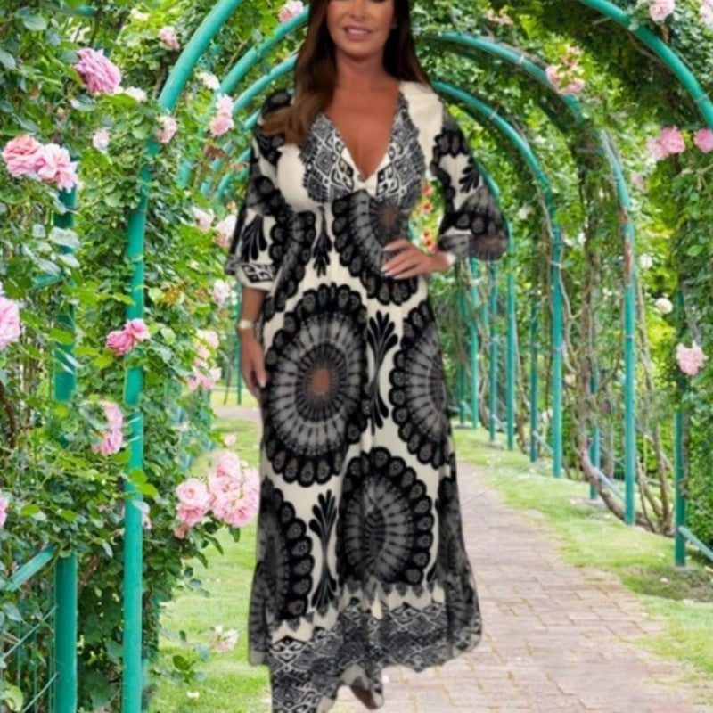 Women's Lucky Print Maxi Dress【Elastic waist. suitable for all occasions】