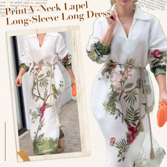 🌸Limited Sale 50% OFF🌸Women's Print V-Neck Lapel Long-Sleeve Long Dress