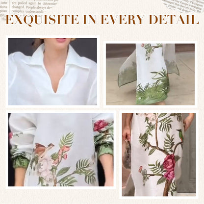 🌸Limited Sale 50% OFF🌸Women's Print V-Neck Lapel Long-Sleeve Long Dress