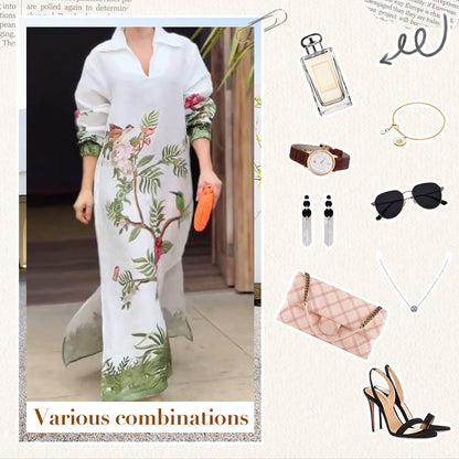 🌸Limited Sale 50% OFF🌸Women's Print V-Neck Lapel Long-Sleeve Long Dress