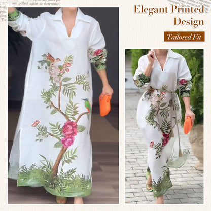 🌸Limited Sale 50% OFF🌸Women's Print V-Neck Lapel Long-Sleeve Long Dress