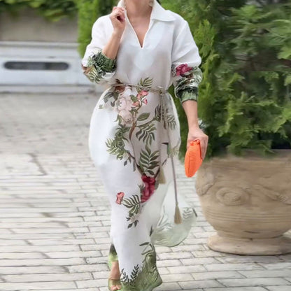 🌸Limited Sale 50% OFF🌸Women's Print V-Neck Lapel Long-Sleeve Long Dress