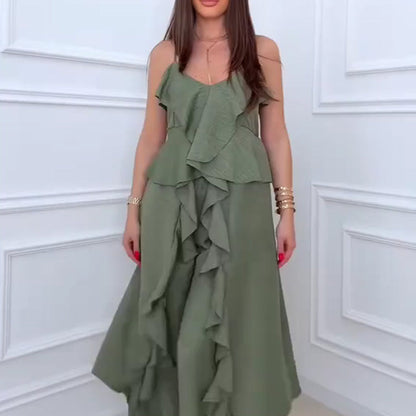 Women's Fashion Ruffle Hem Spaghetti Top Drawstring Wide Leg Pants Set