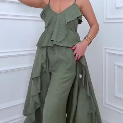Women's Fashion Ruffle Hem Spaghetti Top Drawstring Wide Leg Pants Set