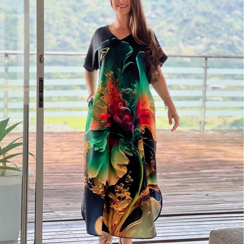 🎉Limited Time 50% OFF👗Women's Loose Casual V-Neck Printed Short Sleeve Dresses