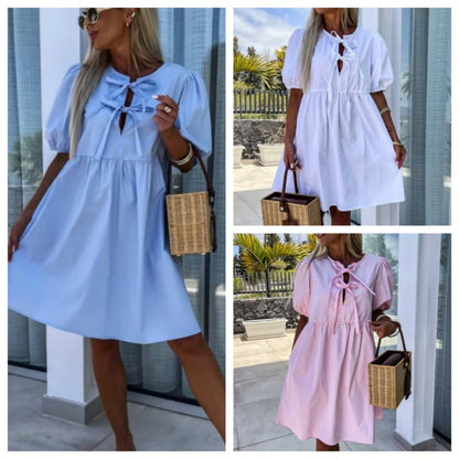 Women's Trendy Solid Color Bow Tie Front Puff Sleeve Dress