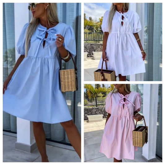 Women's Trendy Solid Color Bow Tie Front Puff Sleeve Dress