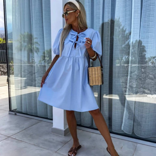 Women's Trendy Solid Color Bow Tie Front Puff Sleeve Dress