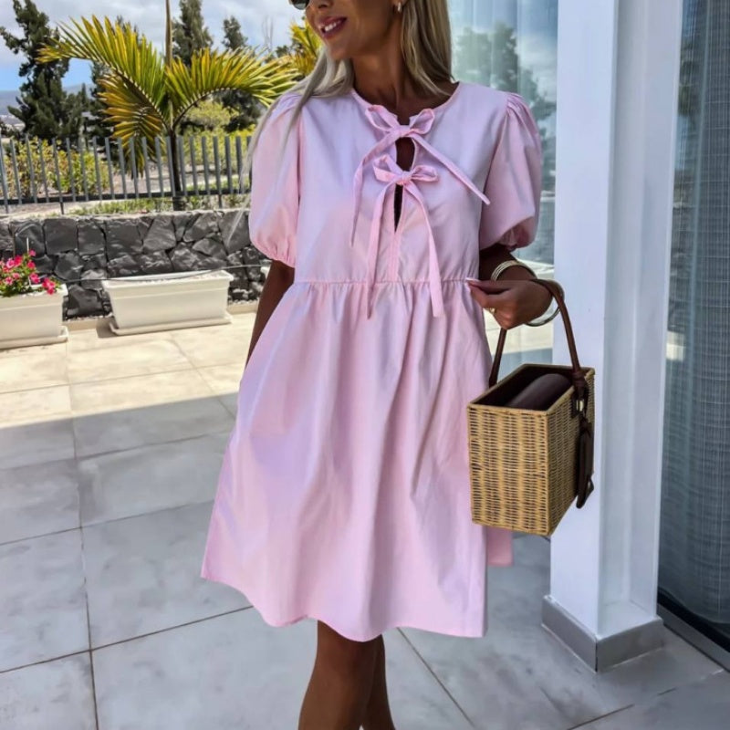 Women's Trendy Solid Color Bow Tie Front Puff Sleeve Dress