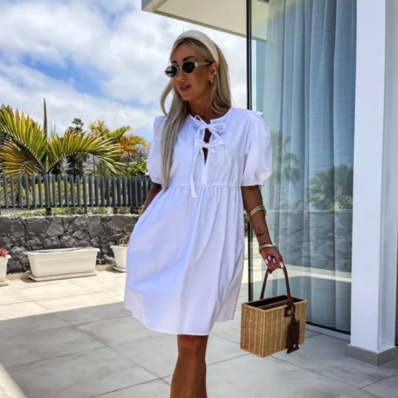 Women's Trendy Solid Color Bow Tie Front Puff Sleeve Dress