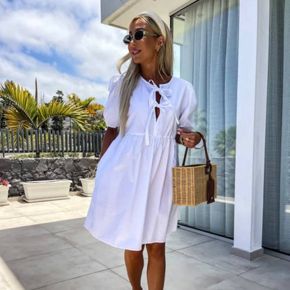 Women's Trendy Solid Color Bow Tie Front Puff Sleeve Dress