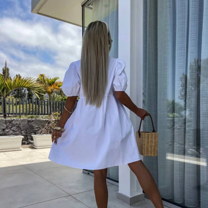 Women's Trendy Solid Color Bow Tie Front Puff Sleeve Dress