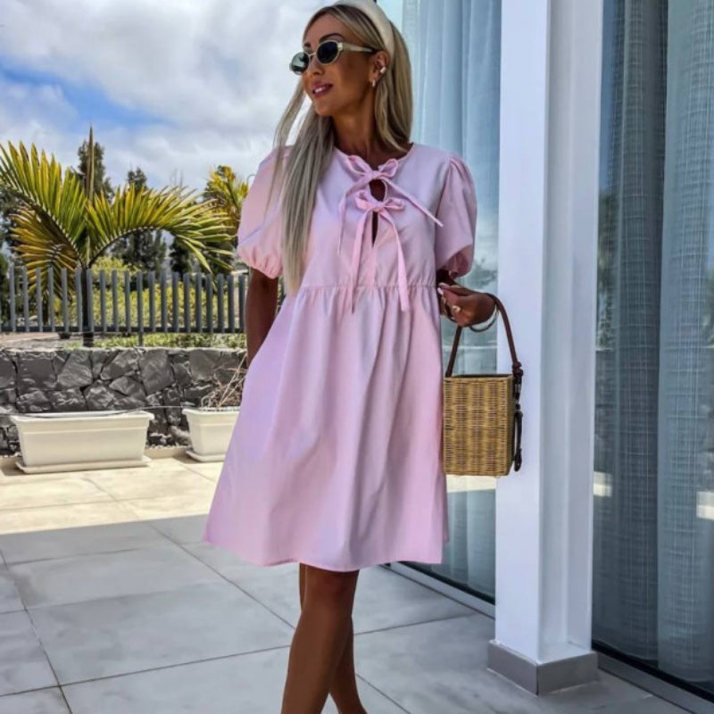 Women's Trendy Solid Color Bow Tie Front Puff Sleeve Dress