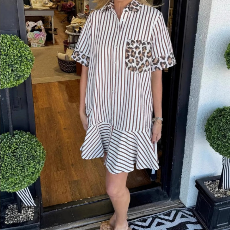 Women's Fashion Striped Patchwork Leopard Print Shirt Dresses