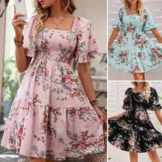 Women's Elegant Square Neck Floral Print Smocked Dress