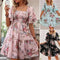 Women's Elegant Square Neck Floral Print Smocked Dress