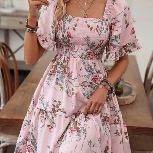 Women's Elegant Square Neck Floral Print Smocked Dress