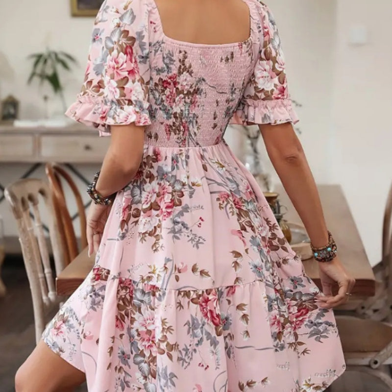 Women's Elegant Square Neck Floral Print Smocked Dress
