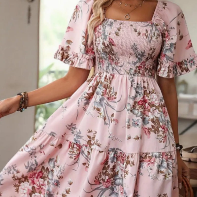 Women's Elegant Square Neck Floral Print Smocked Dress