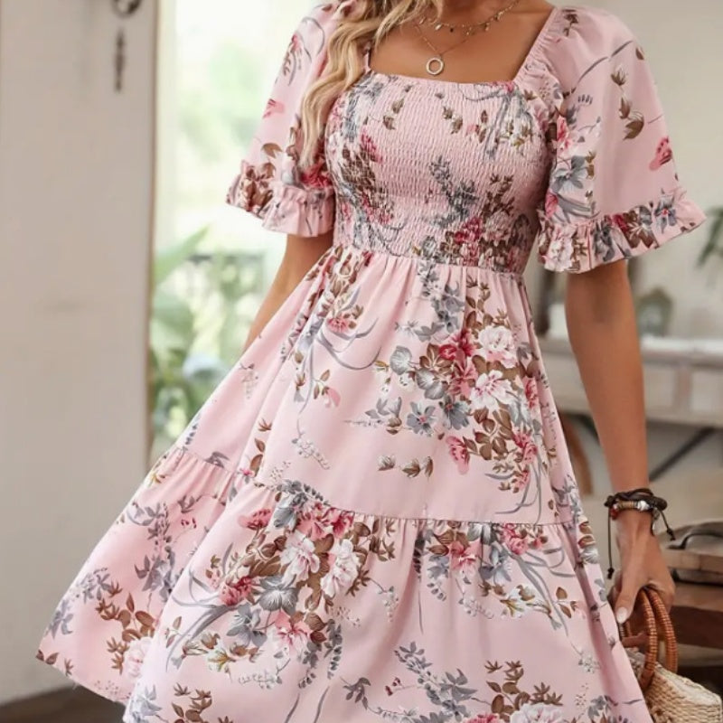 Women's Elegant Square Neck Floral Print Smocked Dress